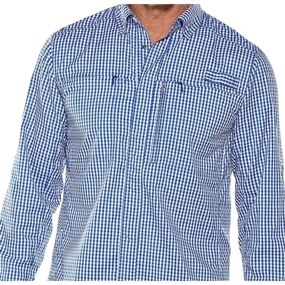 Coolibar Mens UPF 50+ Fishing Shirt Blue Gingham Plaid XL 01601 Long Sleeve
